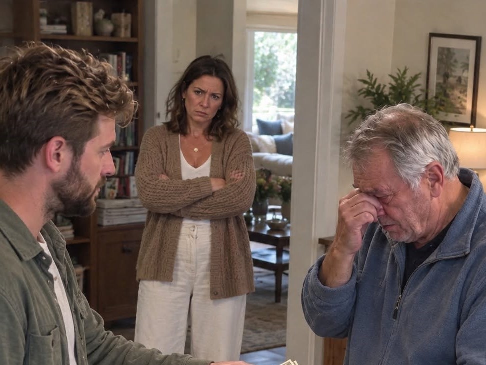 My father was standing in the middle of my kitchen asking to borrow $1,000. His hands were shaking with embarrassment. Before he could even explain what he needed the money for, my wife looked across the room and said coldly: “Tell him to find another job. We’re not a bank.”