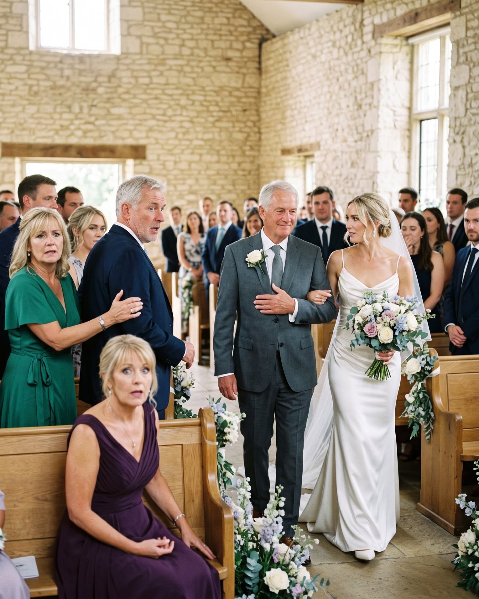 Three days before my wedding, Dad broke his promise to walk me down the aisle because my sister threatened to keep her children away at Christmas. Mom told me to go alone, smile, and stop creating drama. They arrived expecting to watch me enter that stone barn abandoned. But when the doors opened and they saw whose arm I was holding, Dad’s smile vanished—and that was only the first surprise waiting at the altar.  